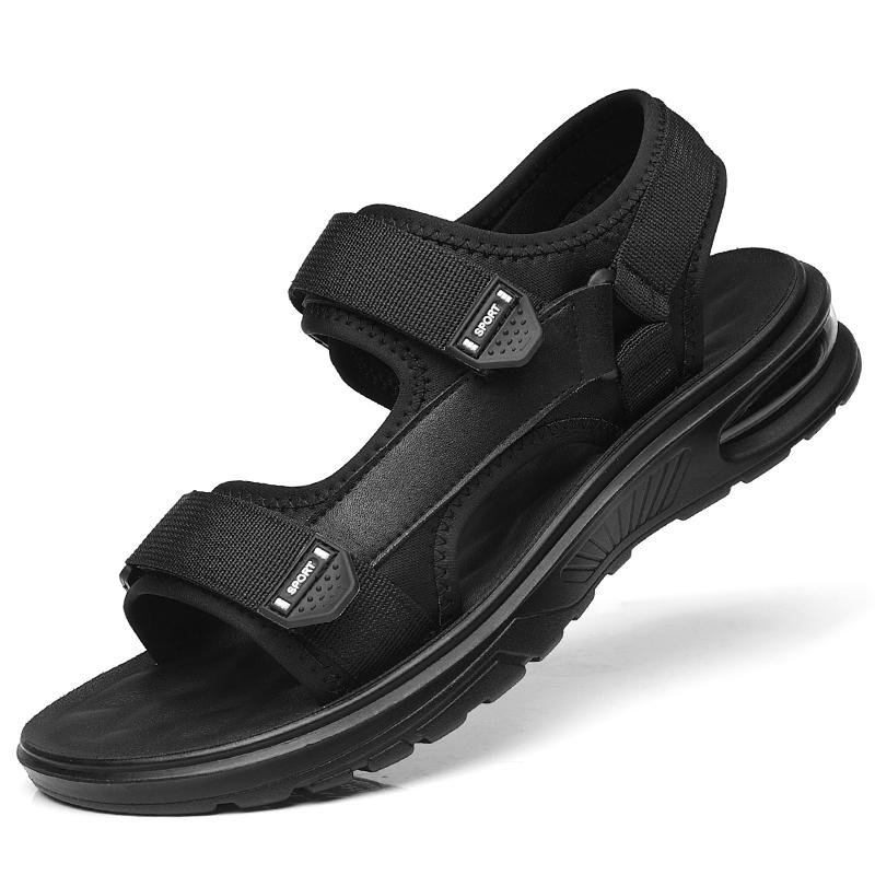 Solid-color outdoor round-toed perforated breathable and anti-slip Velcro elastic design men's casual beach Flat Designer Shoes