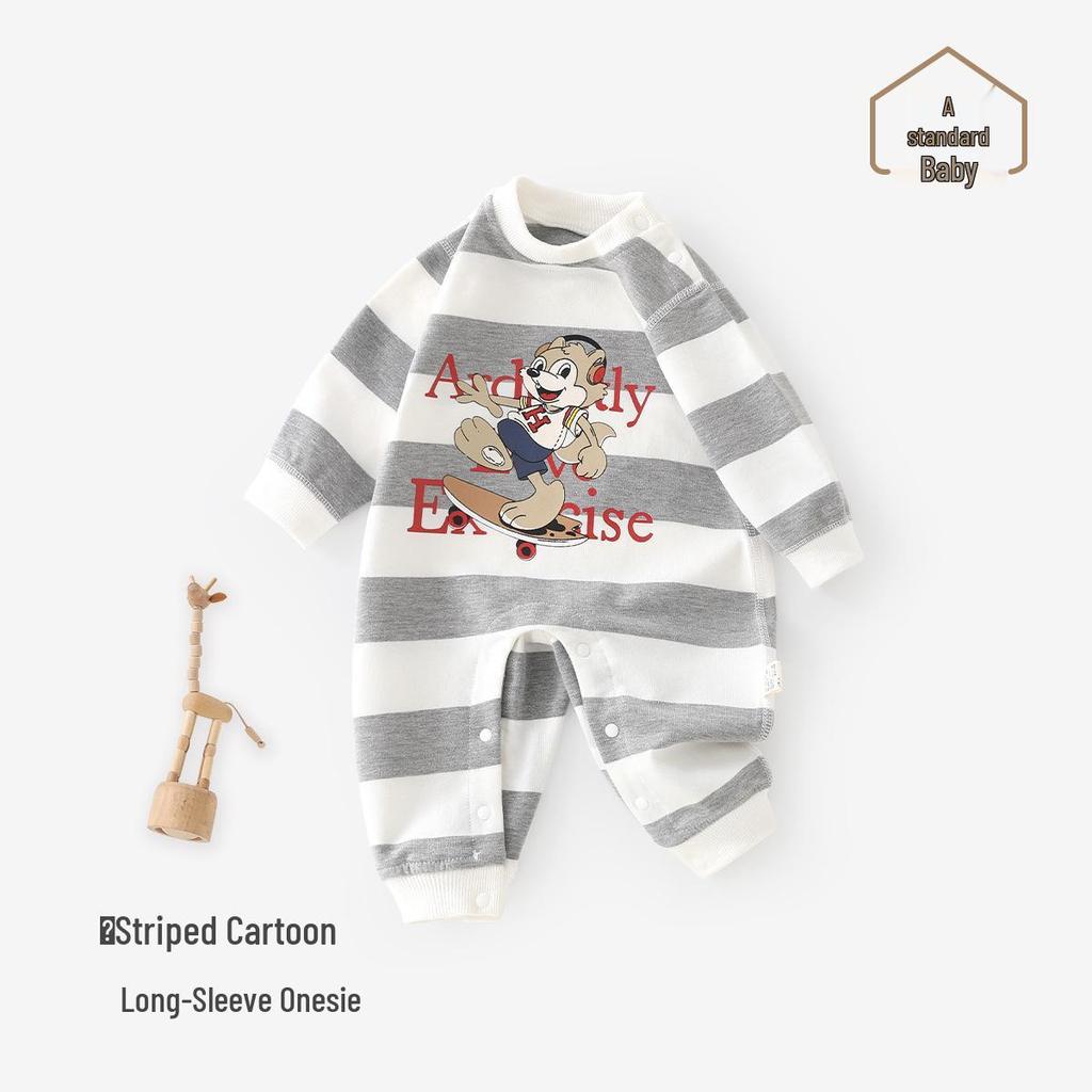 Полосатый боди с длинным рукавом для малыша - Мультяшный весенне-осенний наряд для новорожденного