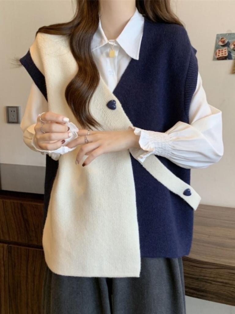 Весна и осень контрастный цветной свитер жилет с вышивкой для женщин дизайн нерегулярный свободный и тонкий безрукавный трикотажный жилет женский