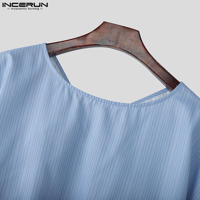 INCERUN Летние мужские футболки с коротким рукавом, полосатым узором на спине, бантом и оборками для вечеринок