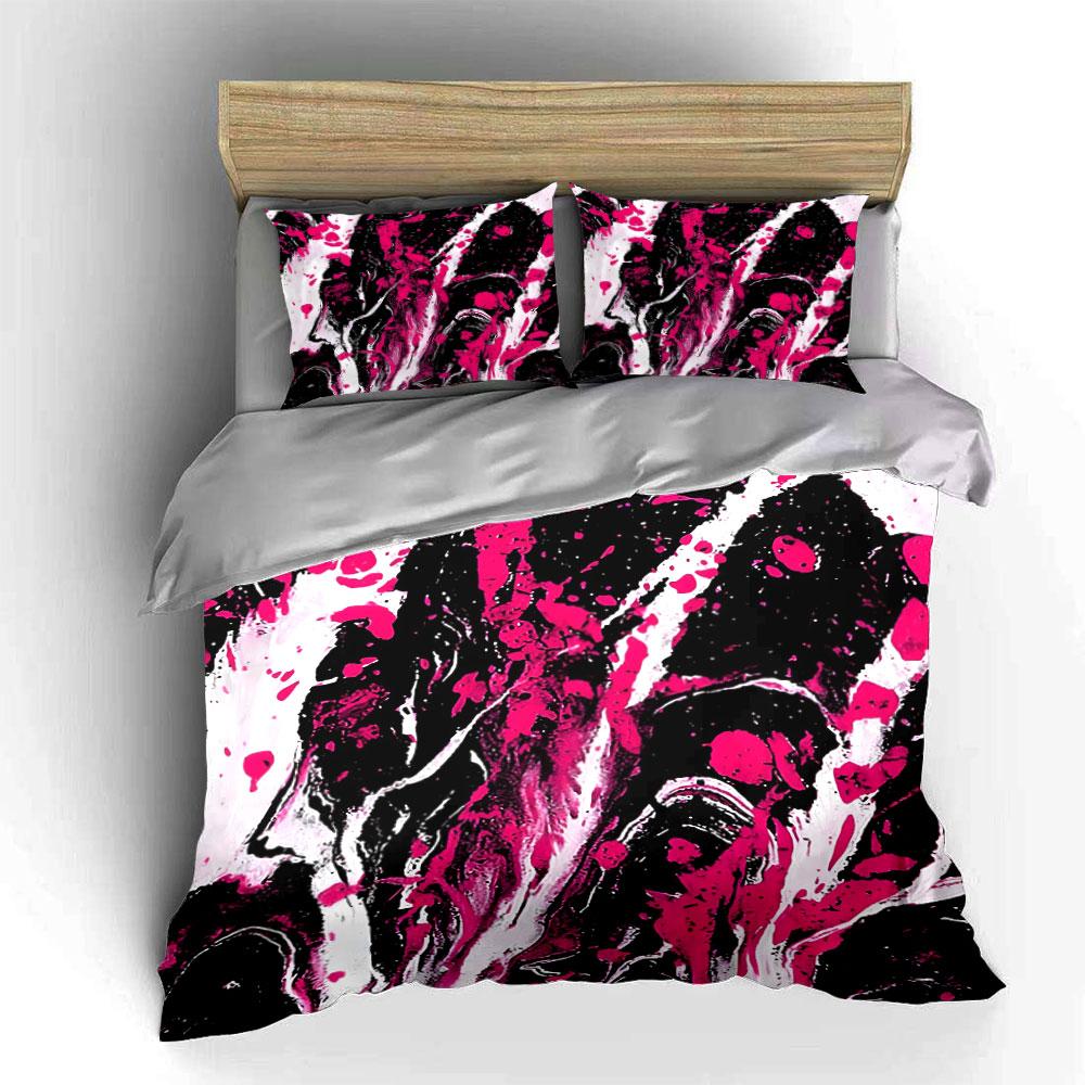 3Pcs Magenta White Liquid Marble Bedding Set, Black Base Abstract Ink Flow Print Duvet Cover 2 Pillowcases King Queen, Gift