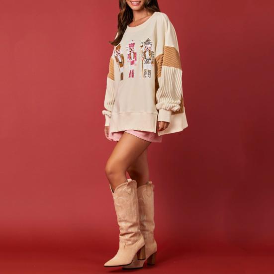 Women Christmas Sweatshirt Sequin Cartoon Pattern Slit Hem Colorblock Round Neck Long Sleeve Loose Mid Length Pullover Party Holiday Top