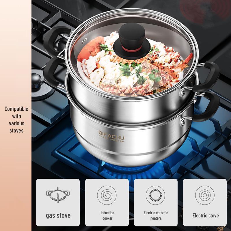 Qiaofangchu 304 Stainless Steel Steamer Pot: Thickened for Cooking Noodles, Soup, and Milk On Induction and Gas Stoves.