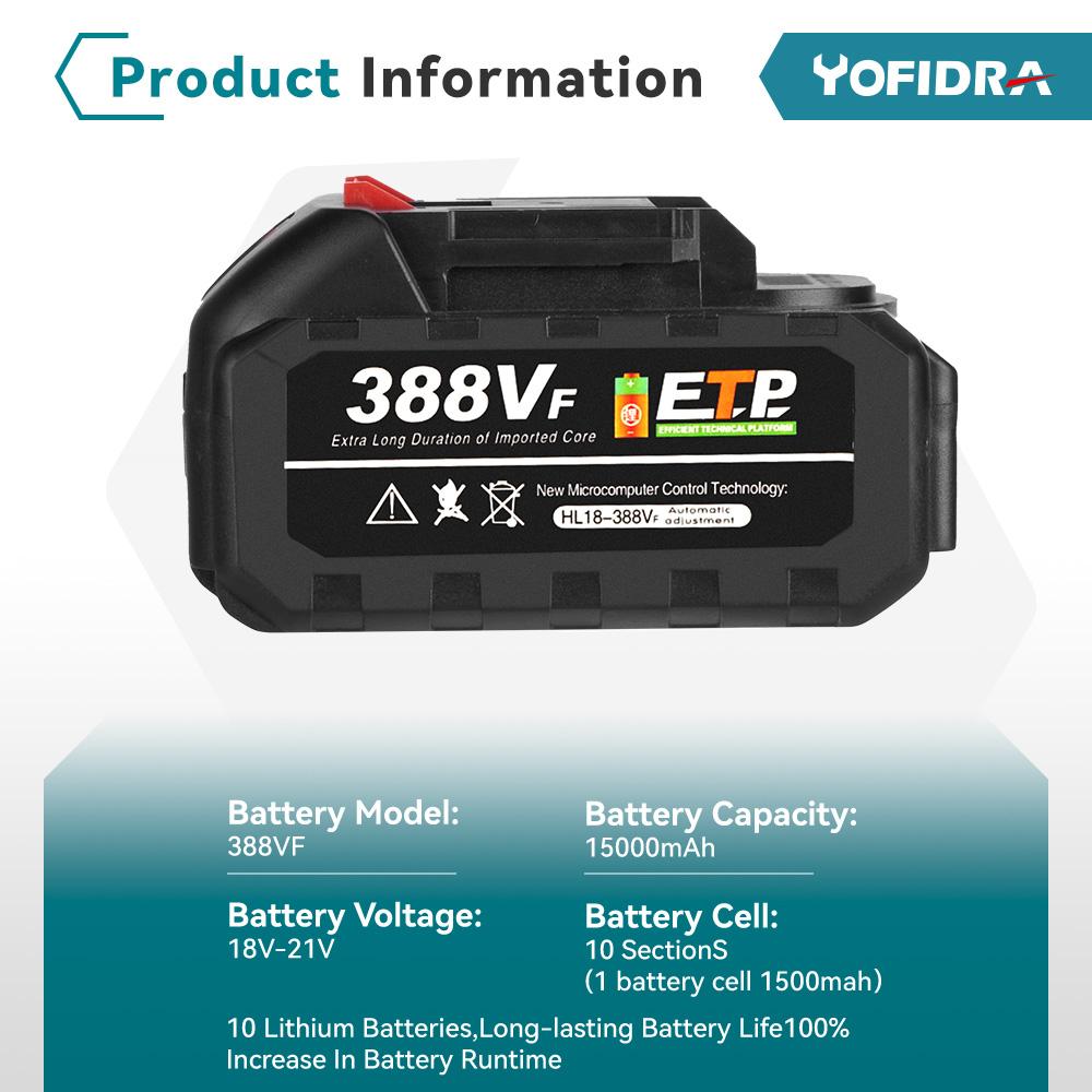 Yofidra 21V 15000mAh Rechargeable Lithium Ion Battery For Makita Cordless Drill/Brushless Wrench/Screwdriver/Circular Saw EU Plug
