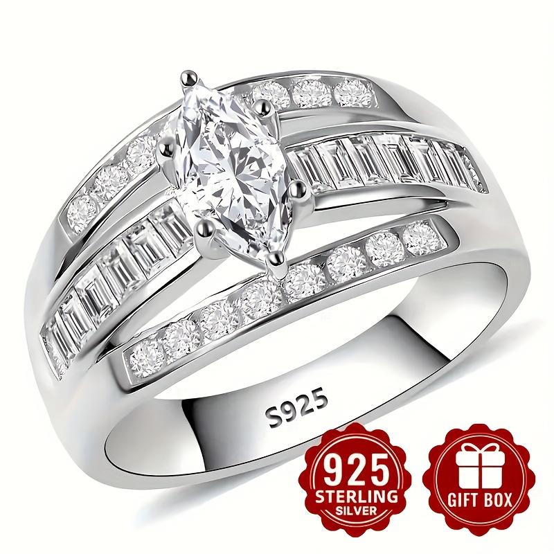 S Silver Promise Ring Women's Fashionable Luxurious Marquise-Shaped Shiny Synthetic Zircon Multi-Layer Ring Jewelry Engagement Anniversary Gift