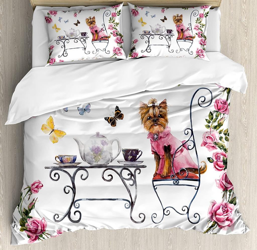 Yorkie Bedding Set For Bedroom Bed Home Yorkshire Terrier with Cute Ribbon Animal Duvet Cover Quilt Cover And Pillowcase