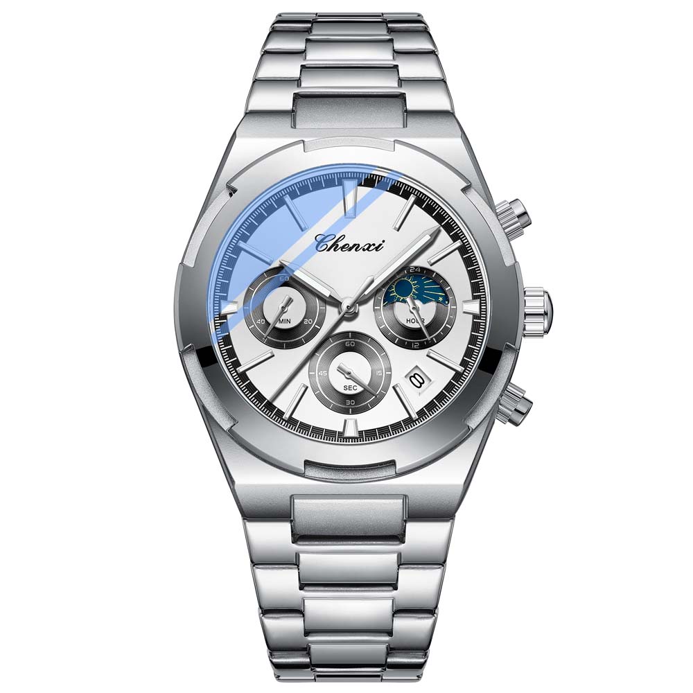 CHENXI Men's Multifunctional Watch with Calendar Moon Phase Chronograph Steel Strap Luminescence Waterproof Reloj Hombre