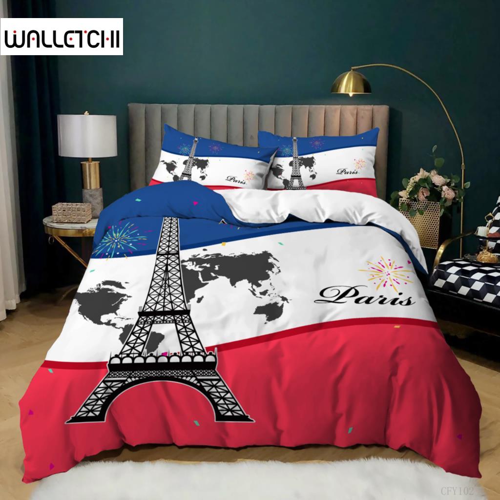 Пододеяльник с изображением Эйфелевой башни King Paris Eiffel Tower Blue White Red Комплект постельного белья из полиэстера с всемирно известным архитектурным рисунком