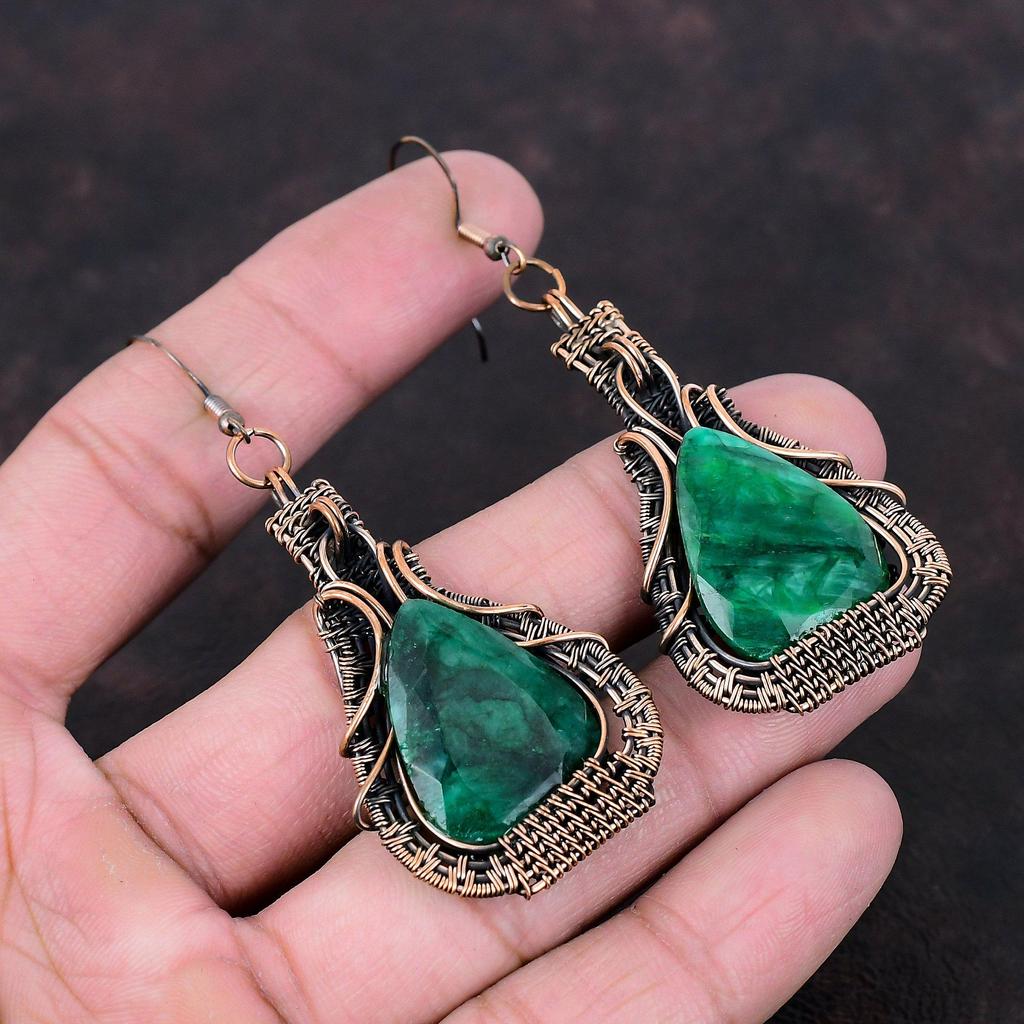 Граненые серьги с замбийским изумрудом, серьги из медной проволоки, медные украшения, серьги ручной работы из натурального драгоценного камня, подарок для мамы, ювелирные изделия из проволочной обмотки