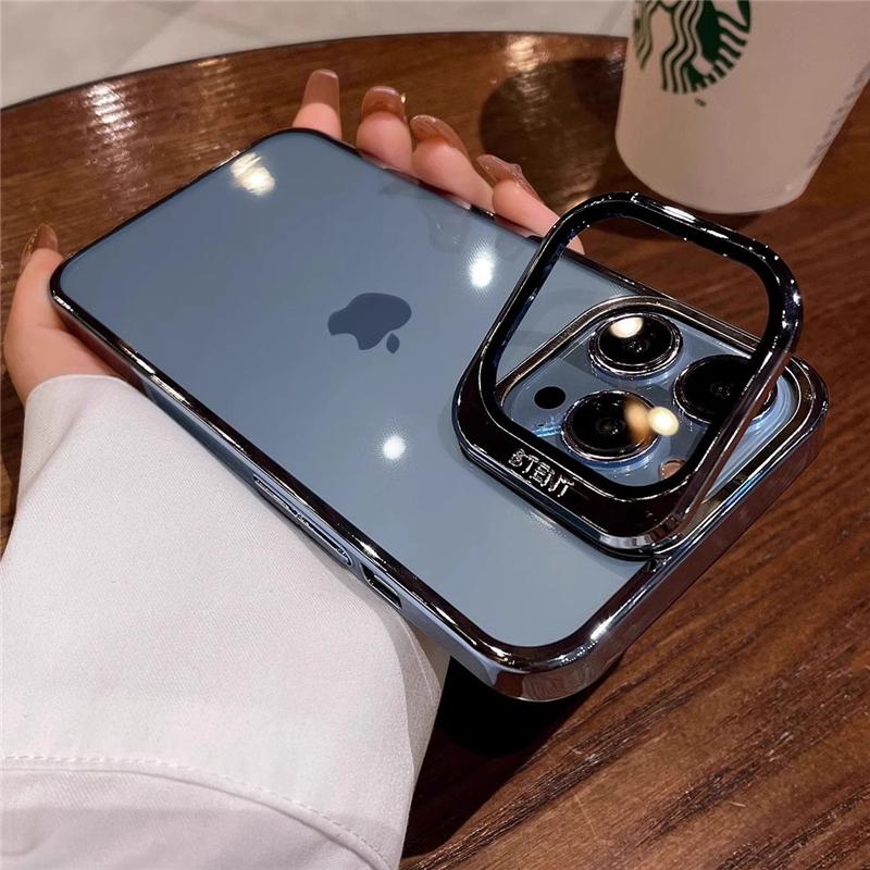 Fold Glass Lens Stand Holder Clear Case For iPhone 18 17 16 15 14 13 12 Pro Max Plus Plating Camera Protection Shockproof Cover