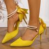 Элегантные женские туфли-лодочки с жемчужным ремешком на щиколотке 2025 Тонкий высокий каблук Желтый бантик Банкетные туфли для платья Женские туфли на шпильке Замшевые туфли