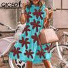 QICED Women Floral Print Dress Loose Streetwear Knee Length Sleeveless Ruffle Party Dress S-3XL