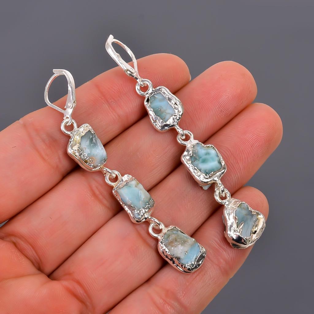 Ларимар Камень Посеребренный Юбилей Электроформованные Подвесные Серьги Подарок Жене V-101