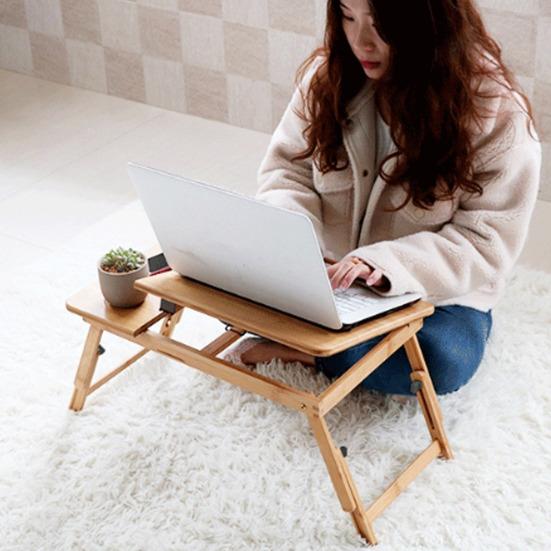 Регулируемый бамбуковый стол для ноутбука с эффектом охлаждения вентилятором, откидной верхний ящик, складной прикроватный столик