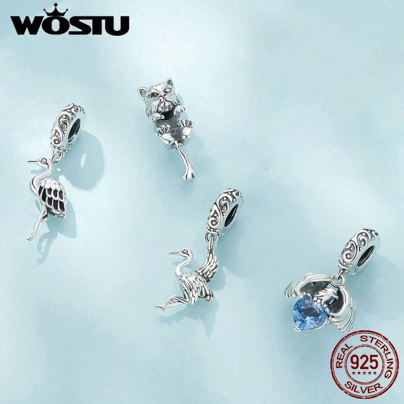 WOSTU Стерлингового серебра 925 пробы, белый орел, подвесная бусина, синий циркон, кулон, яркие подвески в виде рыси, бусины в форме кошки для женщин, браслет и ожерелье, ювелирные изделия