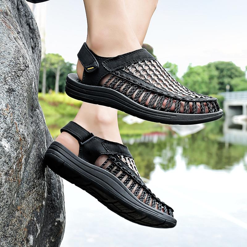 Мужские походные сандалии ручной работы, летние черные римские сандалии, широкие пляжные туфли для воды, большие размеры