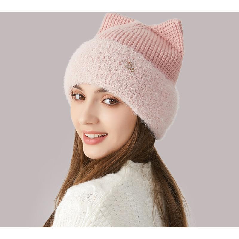 Girls' Cute Cat's Ears (Steamed Cat-ear Shaped Bread) In Winter Thickened Ear Protection Knitted Hat Versatile Solid Wool Hat