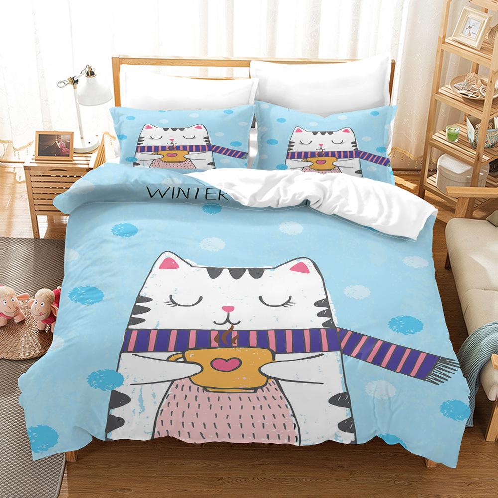 Cartoon Cat King Full Queen Duvet Cover Lovely Pet Kitty Bedding Set Animal Quilt Cover 2/3pcs Purple Polyester Comforter Cover