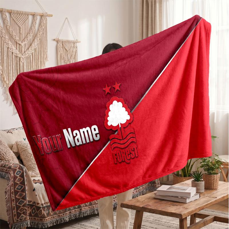 Nottingham Forest Personalized Fleece Blanket With Football Logo, Custom Name Text Soft Warm Home Throw Blanket