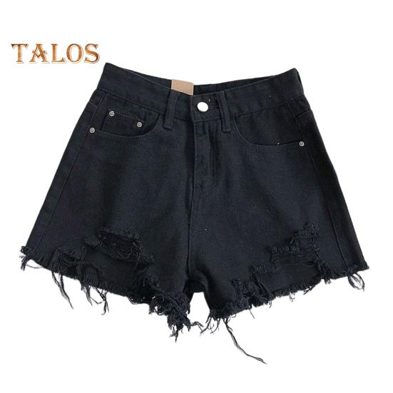 Summer Women Denim Shorts High Waist A-line Solid Color Ripped Button Zipper Closure Retro Pockets Slim Fit Above Knee Length Short Pants