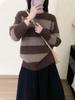 Винтажный полосатый свитер с блоками цвета и мехом енота - Женский свободный пуловер для осени/зимы 2026