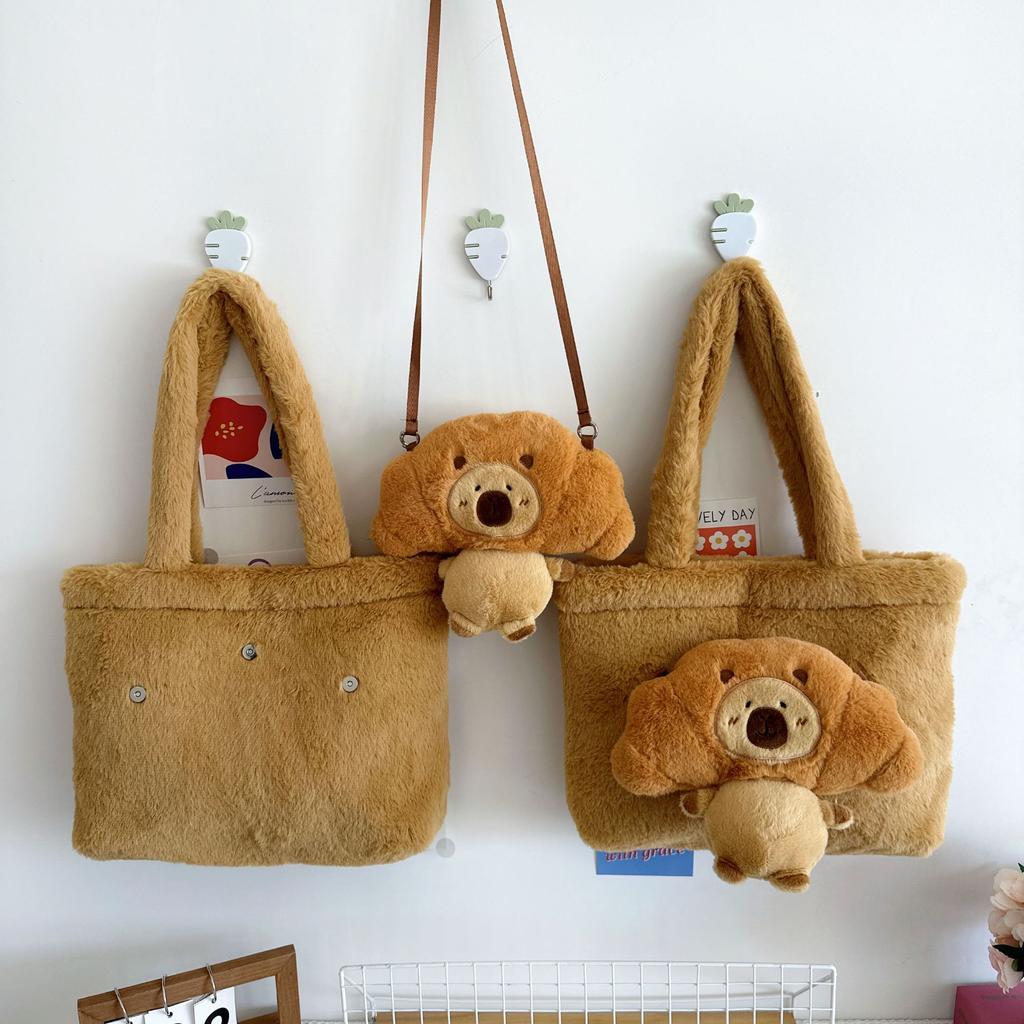 Забавная мультяшная плюшевая кукла Капибара-круассан, сумка-тоут большой вместимости, женская сумка на одно плечо через плечо двойного назначения