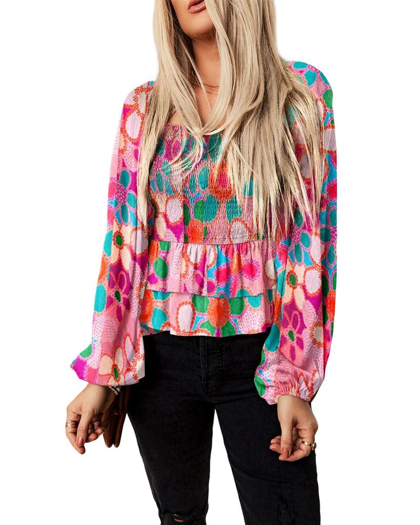 Azura Exchange Multicolor Floral Print Smocked Square Neck Ruffles Blouse