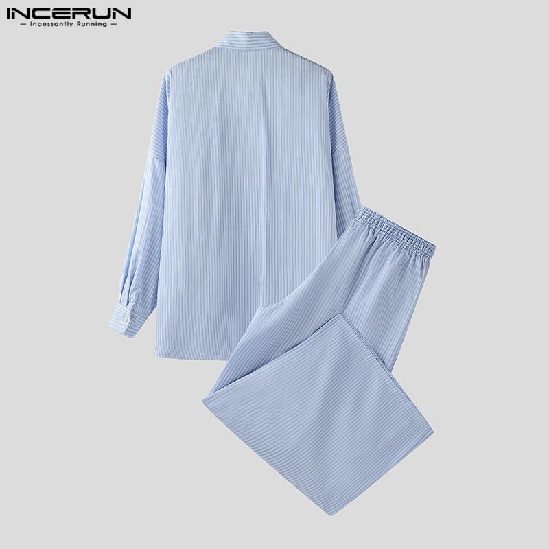 INCERUN Мужские комплекты из двух предметов: рубашка с лацканами, длинными рукавами и полосатым принтом, длинные широкие брюки