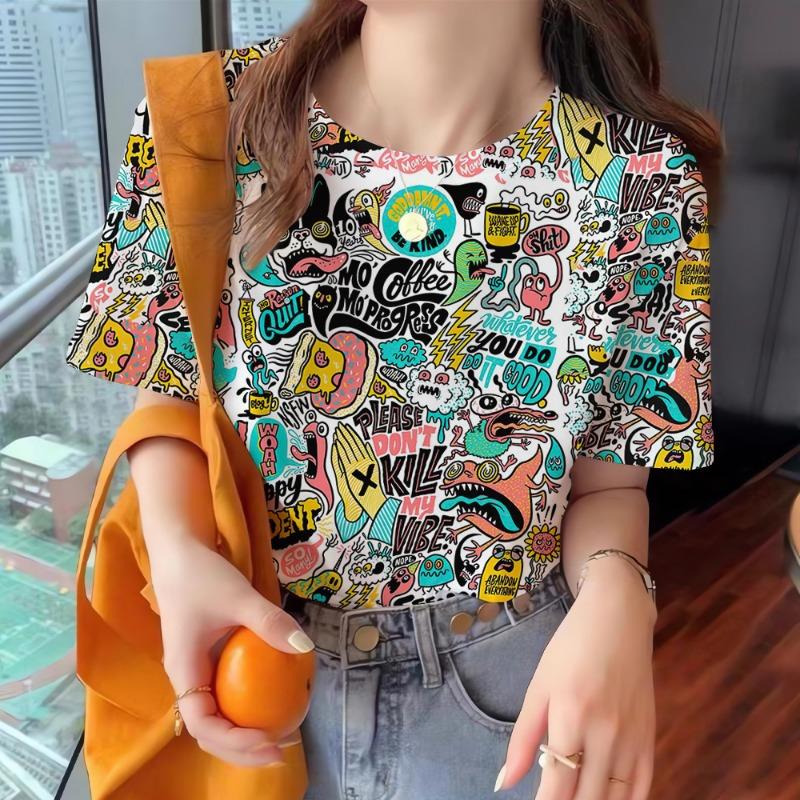 Summer Women's T Shirt Colorful Abstract O-Neck Casual Short Sleeve Tees Female Overszied Clothing Fashion Pullover