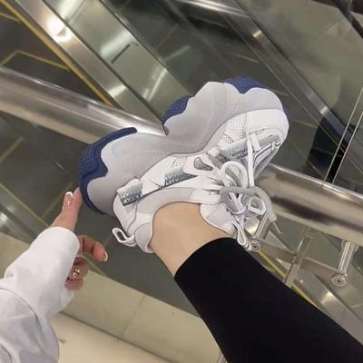 Сетчатые кроссовки-папа женские новая расцветка с увеличенной толстой подошвой на шнуровке спортивные и для отдыха дышащие модели с мягкой подошвой