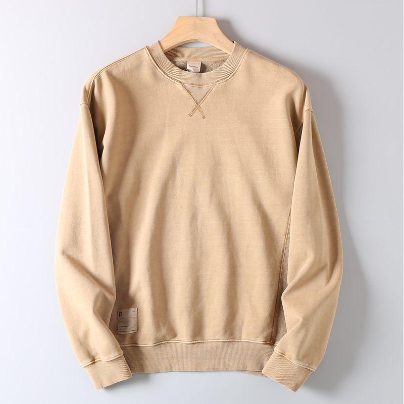 Heavyweight Washed Cotton Terry Crewneck Sweatshirt for Men, Spring and Autumn Vintage Trendy Top Jacket