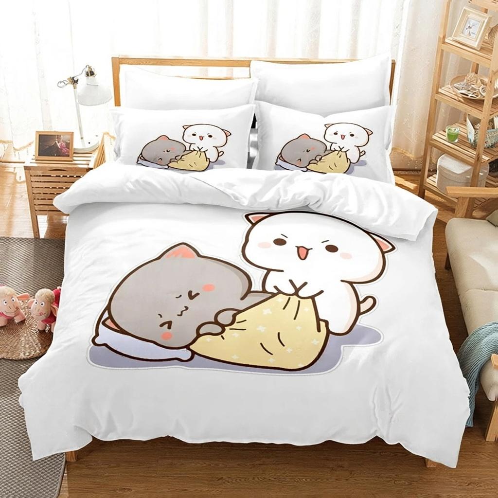 3D Printed Adorable Peach And Goma Cat Bedding Set New Sweet Couple Printed Duvet Cover Soft Bed Set For Girls Kids Room