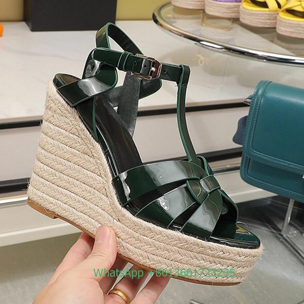 Босоножки женские на танкетке с открытым носком и перекрестными ремешками, однотонные, с открытым носком, из натуральной лакированной кожи, эспадрильи, новейшие летние, каблук 14 см