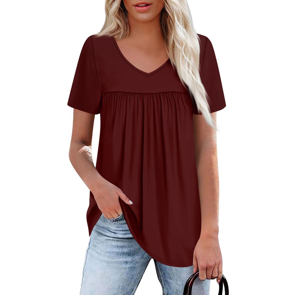Women's Casual V-Neck Short Sleeve Chest Ruffle Solid Color Top