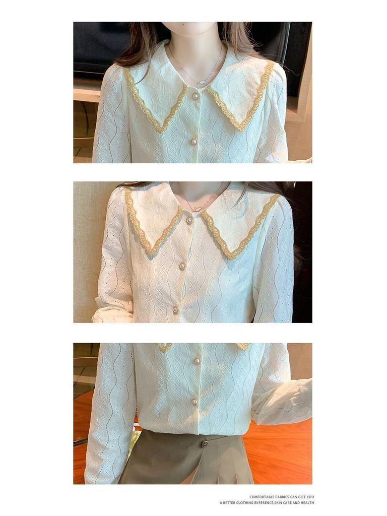 Женская шифоновая блузка с воротником Питер Пэн на весну и осень 2025 года - Новая модная кружевная рубашка