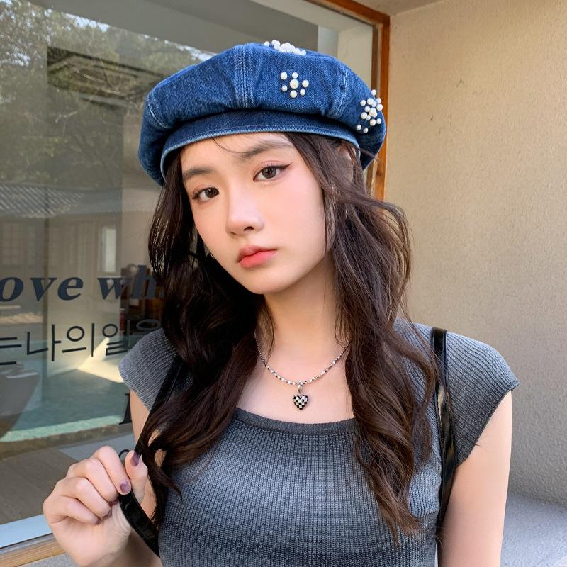 Весенне-осенняя шляпа женская маленькая ароматная ветровая жемчужина декоративный джинсовый берет высокая чувственность универсальная шляпа художника прилив