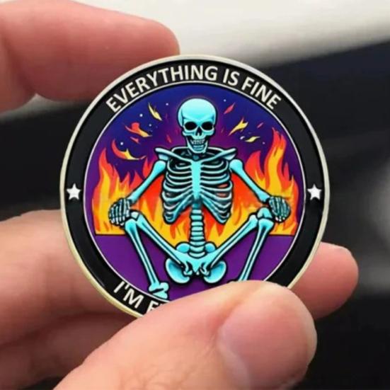 Skull Dumpster Blaze Coin Colorful Skeleton Challenge Coin Metal Inspirational Pocket Token Desk Accessories for Work Colleagues Men Women