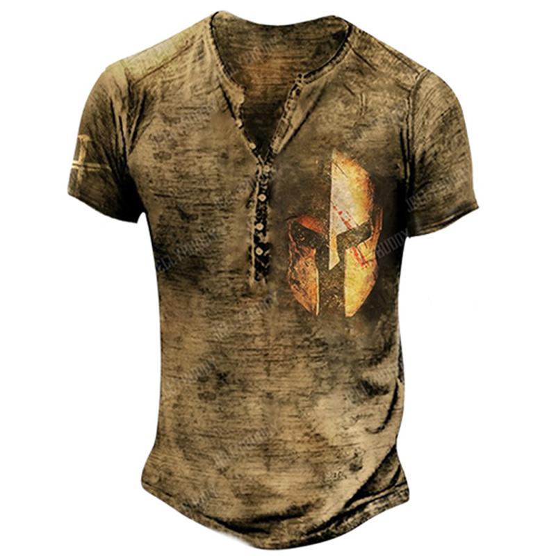 2023 Новая летняя модная футболка в винтажном стиле с коротким рукавом, мужские приталенные футболки с V-образным воротником и пуговицами, топы.