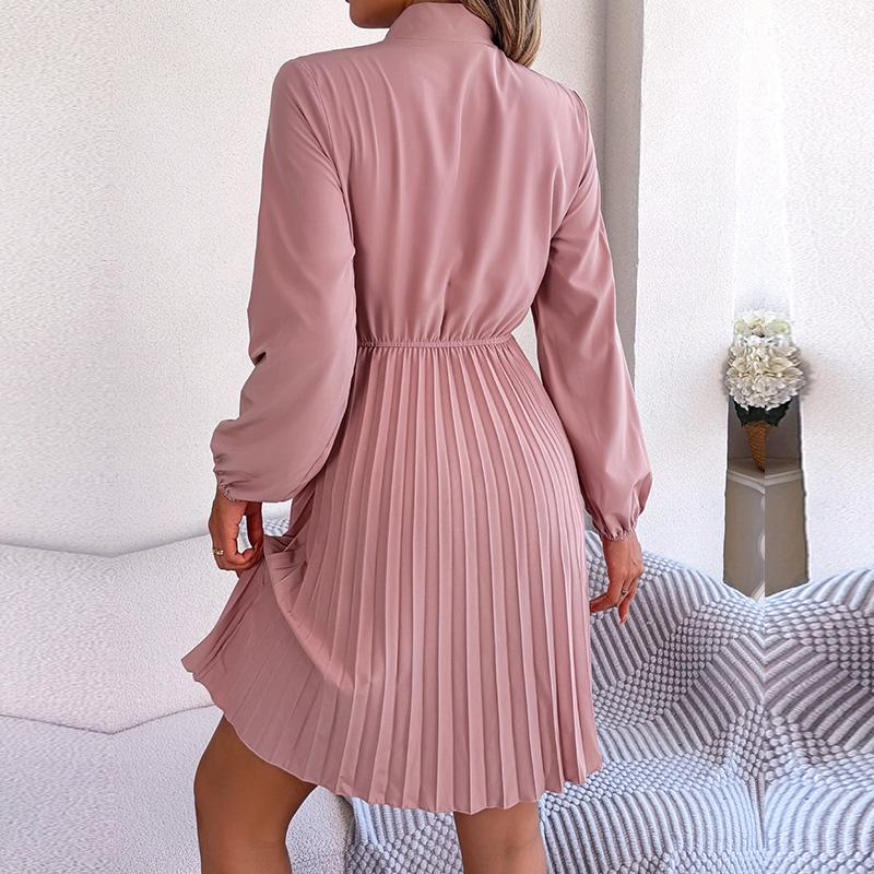Женское осенне-зимнее темпераментное однотонное плиссированное платье с высокой талией и длинными рукавами на шнуровке