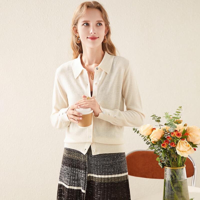 TUHUANG Women's Pure Wool Shirt Collar Cardigan