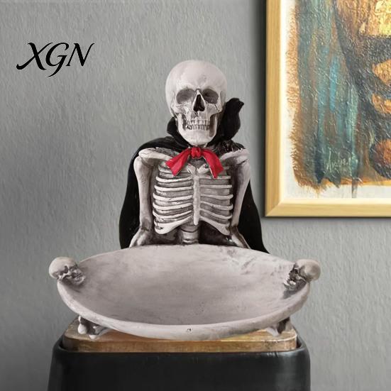 Halloween Party Supplies Skeleton Decorative Tray, Gothic Storage Tray with Black Cape Red Desktop Jewelry Organizer Bow, Multifunctional for
