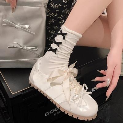 Банты Немецкие тренировочные туфли женские 2025 лето новые мягкая подошва плоская подошва розовые балетки повседневные универсальные белые туфли