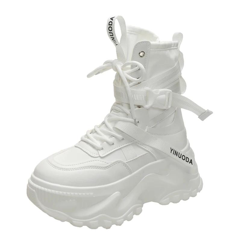 Модные модные женские толстые мотоциклетные ботинки на платформе, белые туфли на шнуровке с толстой подошвой, женские осенне-зимние ботильоны Botas De Mujer