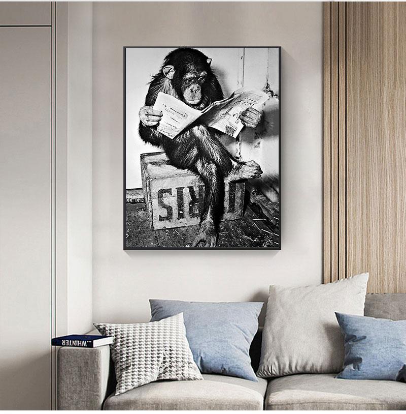 Забавный бизнес-плакат с изображением обезьяны и принт на стене, чтение газет, живопись, декор для туалета, черно-белая художественная картина без рамки