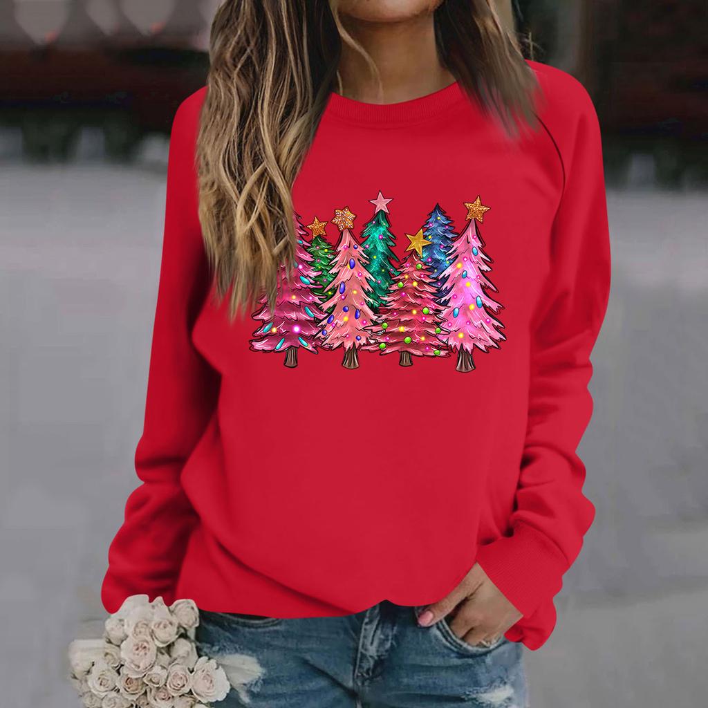 Женские футболки, свободные, модные и повседневные толстовки с круглым вырезом и длинными рукавами с рождественским принтом