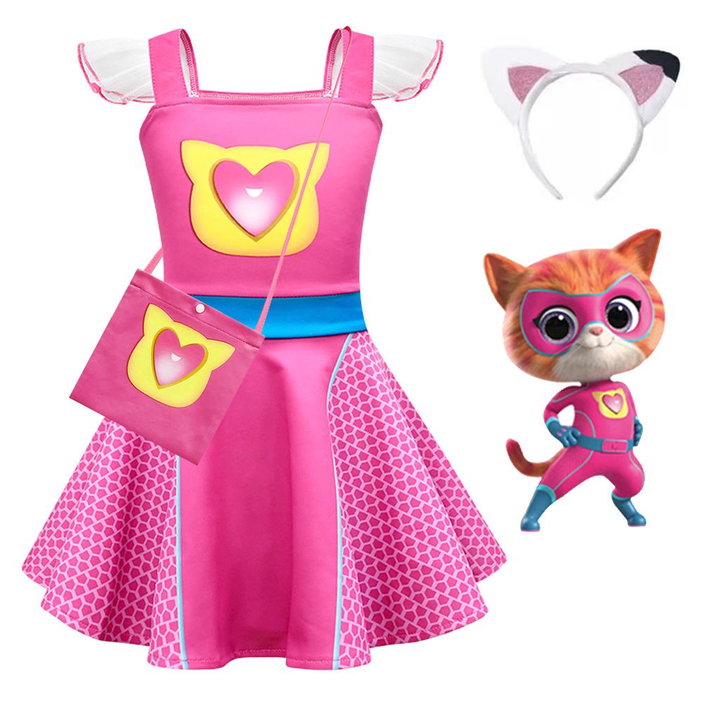 Костюм для косплея SuperKitties для девочек с сумочкой и ободком с ушками кошки Детский костюм Летний с летящими рукавами Повседневная одежда Подарок на день рождения