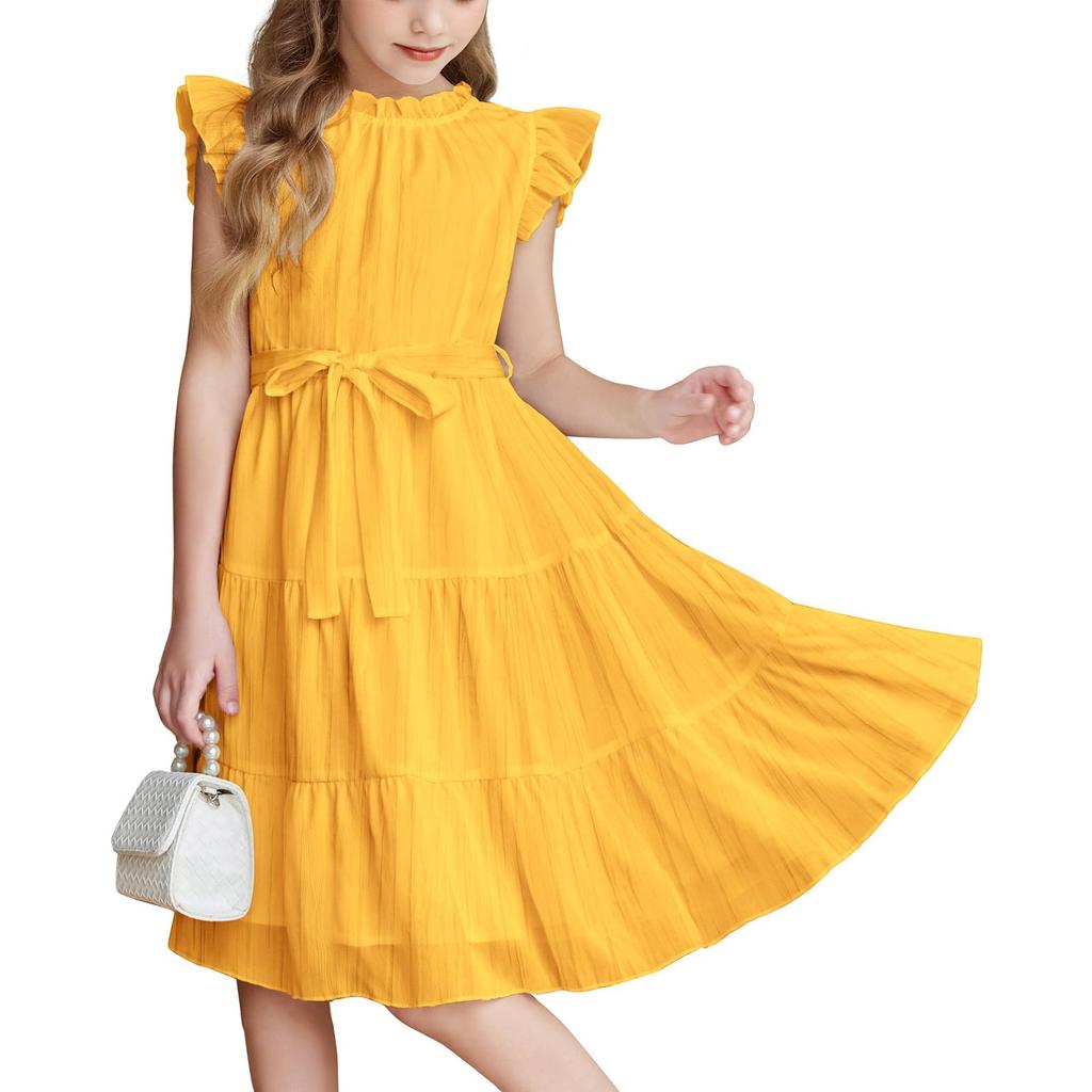 Платье для девочек, однотонное, с круглым вырезом, завязывающимся на талии, с оборкой по подолу