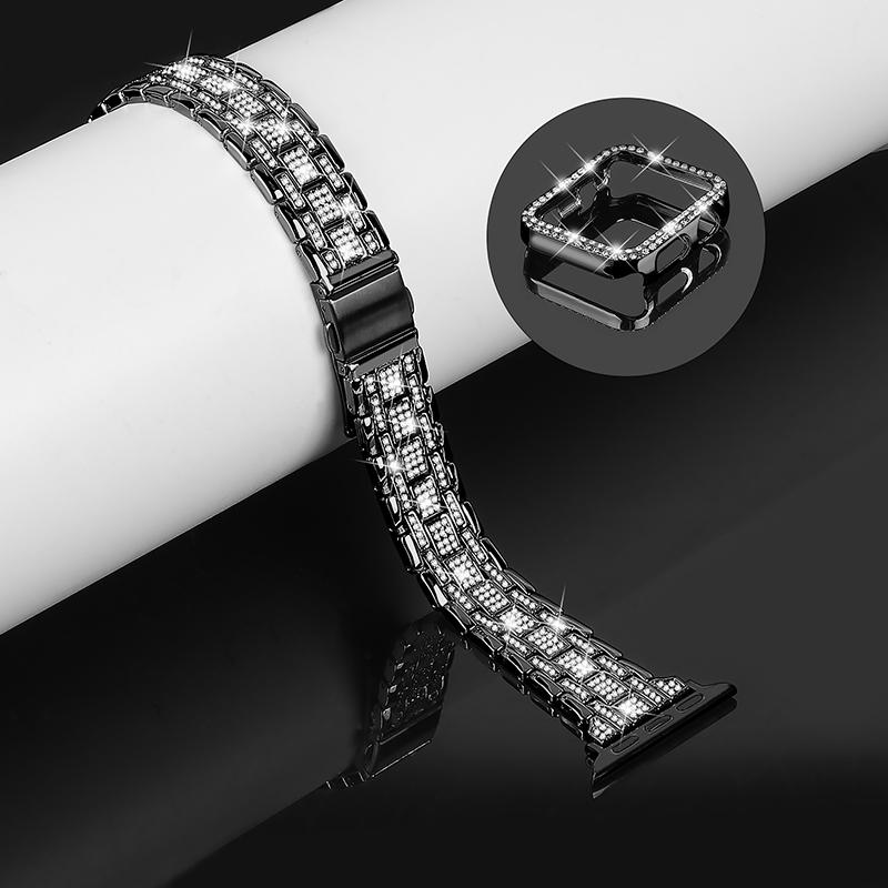 For Apple Watch Series 8 45mm/7 45mm Anti-wear PC Watch Case+5 Rows Stainless Steel Rhinestone Decor Watch Band