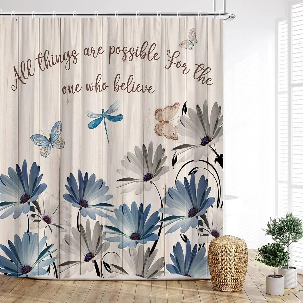 Floral Shower Curtain, Farm Daisy Dragonfly Rustic Wood Paneling Inspirational Quotes Butterfly Turquoise Home Bathroom Decor