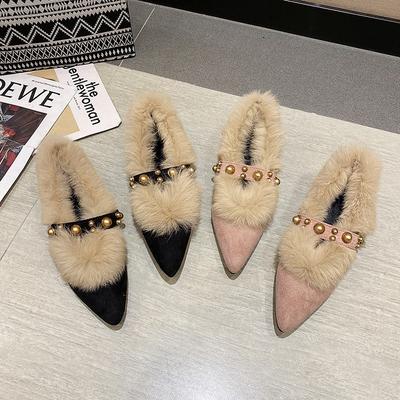 Мода Зима Новые Женские Остроносые Туфли Лоферы на Толстом Каблуке с Заклепками в Ретро Стиле Теплые Повседневные Слипоны Массивная Обувь Женская Обувь Женские Ботинки